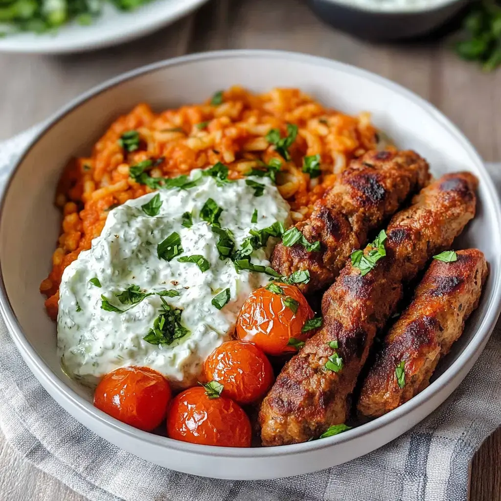 Miska z grillowanymi wegańskimi koftami, podsmażanym ryżem pomidorowym, grillowanymi pomidorami i aksamitnym sosem, przybrana kolendrą.