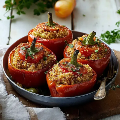 Nadziewane czerwone papryki z quinoa i pomidorami, podane w misce.