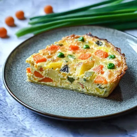 Kawałek quiche warzywnego na szarym talerzu z kolorowymi warzywami w tle.