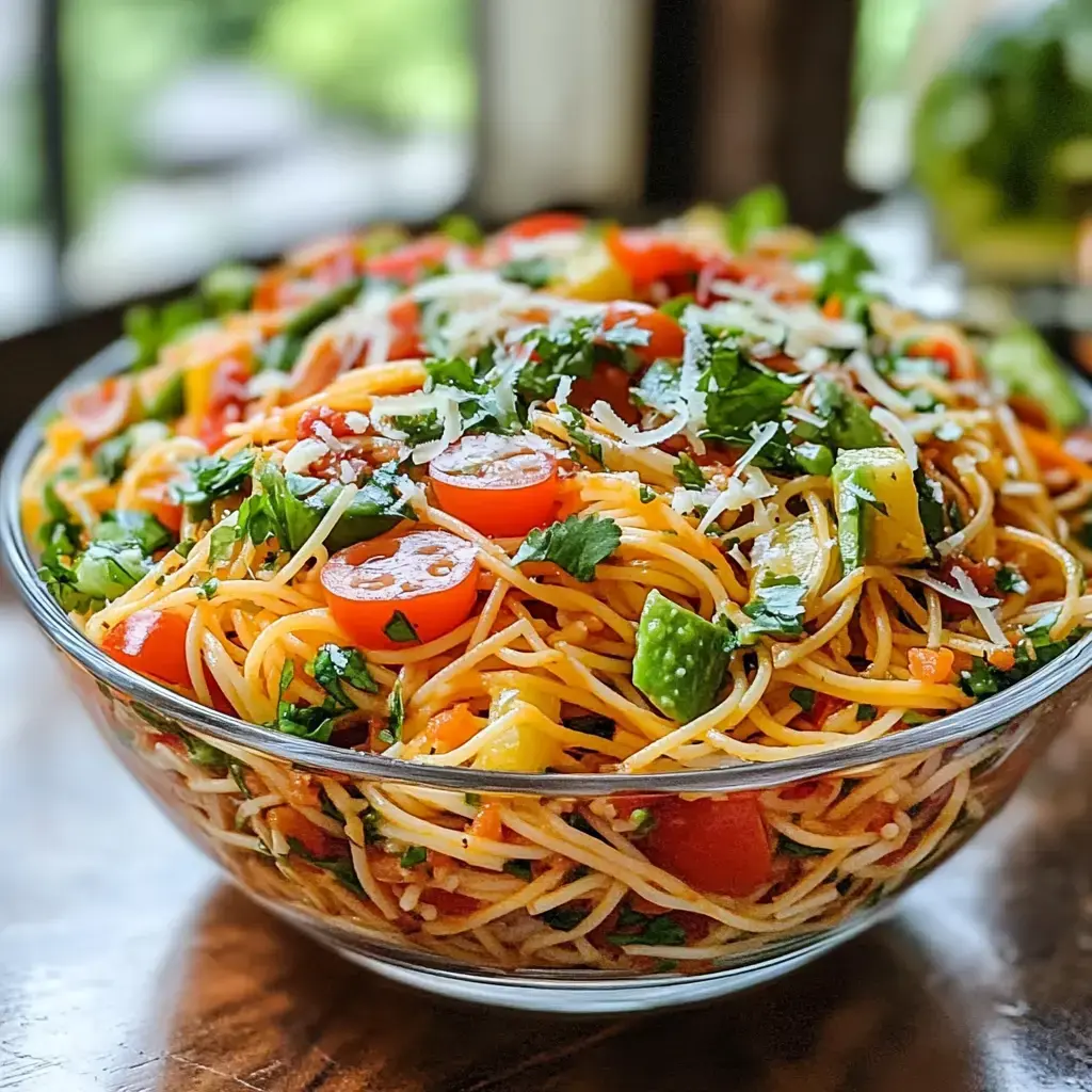 Duża misa kolorowego spaghetti z pomidorkami koktajlowymi, papryką, świeżą kolendrą i serem.
