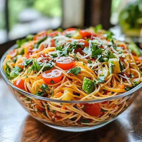 Duża misa kolorowego spaghetti z pomidorkami koktajlowymi, papryką, świeżą kolendrą i serem.