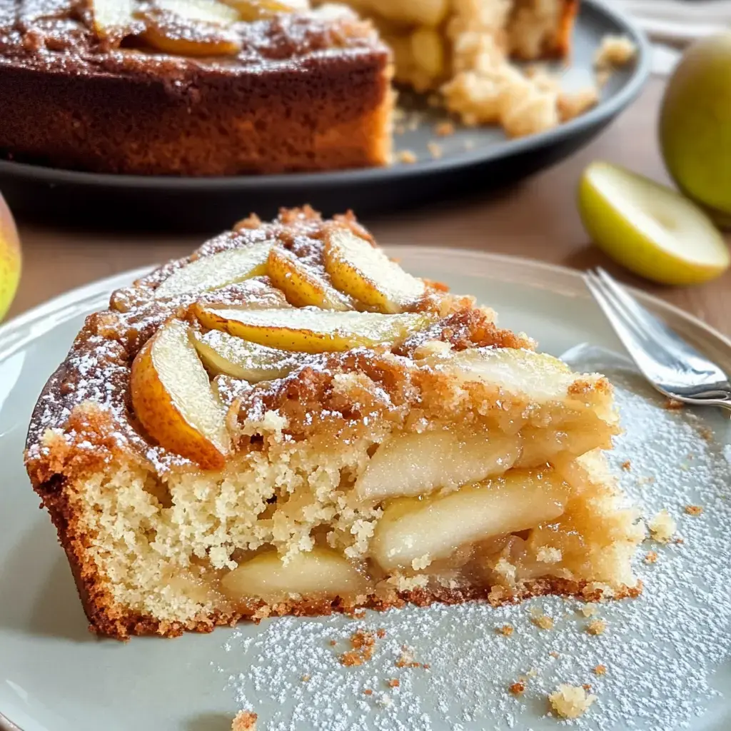 Kawałek kremowego birnenkuchen z cienkimi kawałkami gruszek i cukrem pudrem, podany na talerzyku, obok innych gruszek.