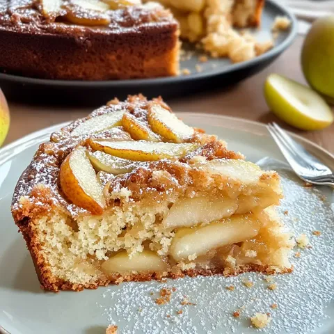 Kawałek kremowego birnenkuchen z cienkimi kawałkami gruszek i cukrem pudrem, podany na talerzyku, obok innych gruszek.