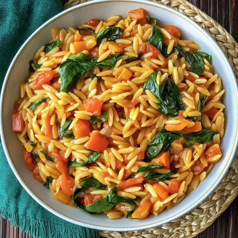 Kremowy orzo z liśćmi szpinaku