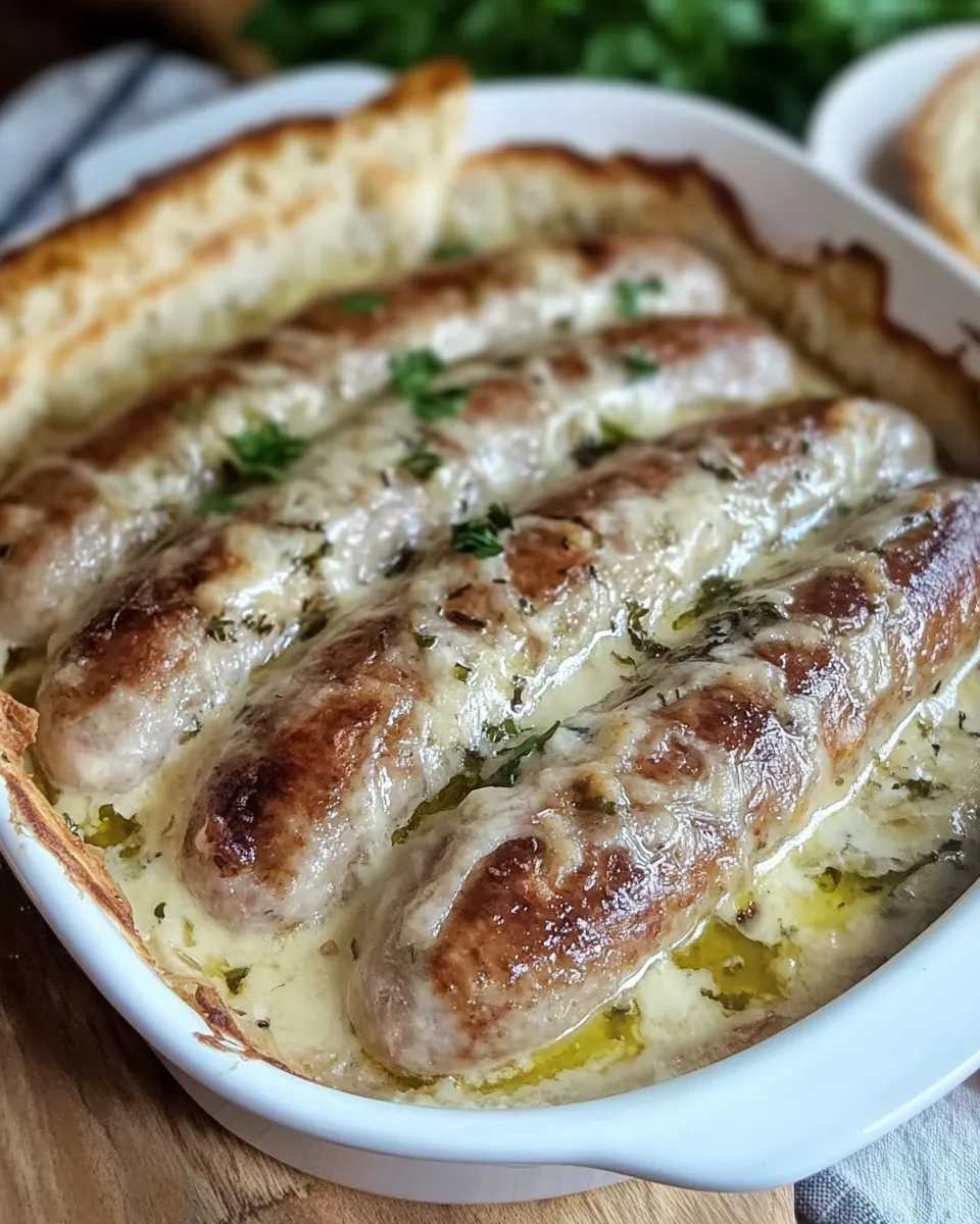 Biała kiełbasa zapiekana w sosie chrzanowym
