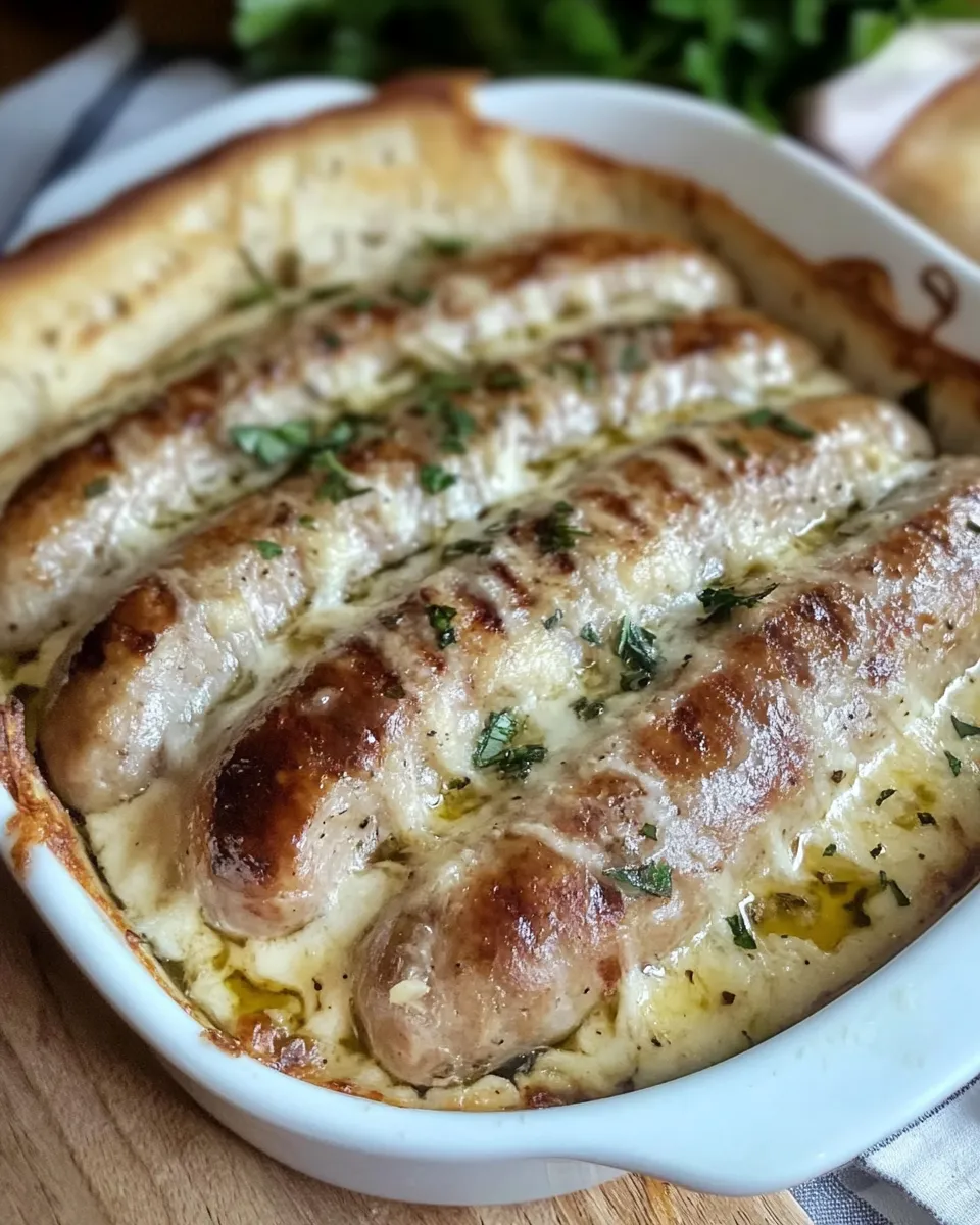 Smaczne Pieczona biała kiełbasa w sosie chrzanowym