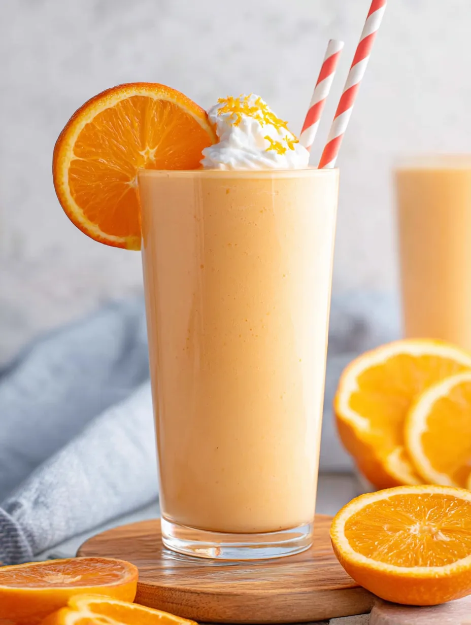 Szklanka napoju Orange Julius z plasterkami pomarańczy obok.