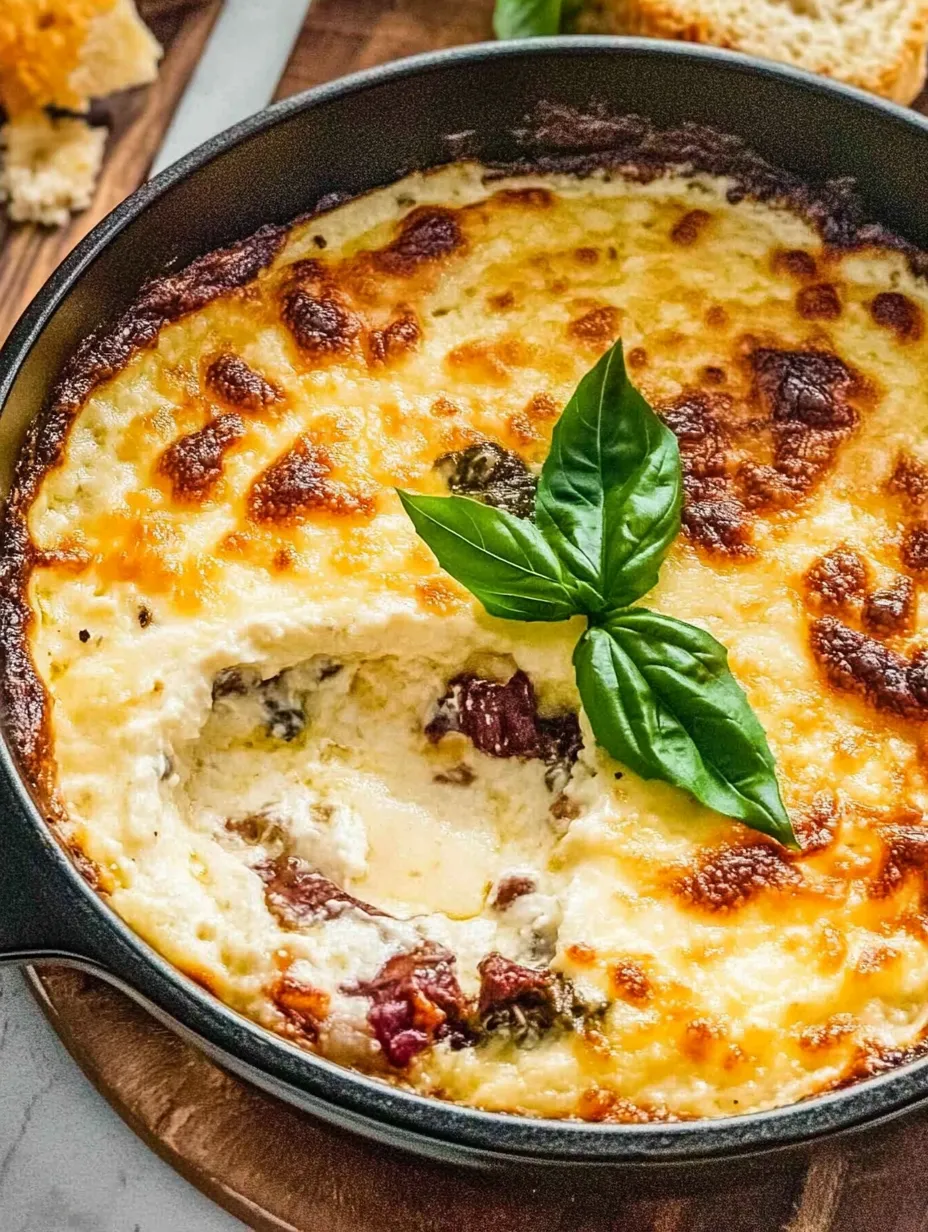 Zbliżenie na zapiekankę z zielonym liściem na wierzchu.