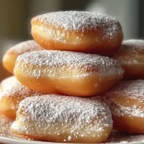 Stos pączków posypanych cukrem pudrem.