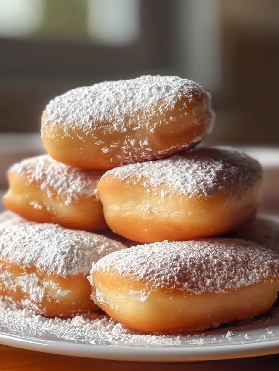 Pączki obsypane cukrem pudrem ułożone na talerzu.