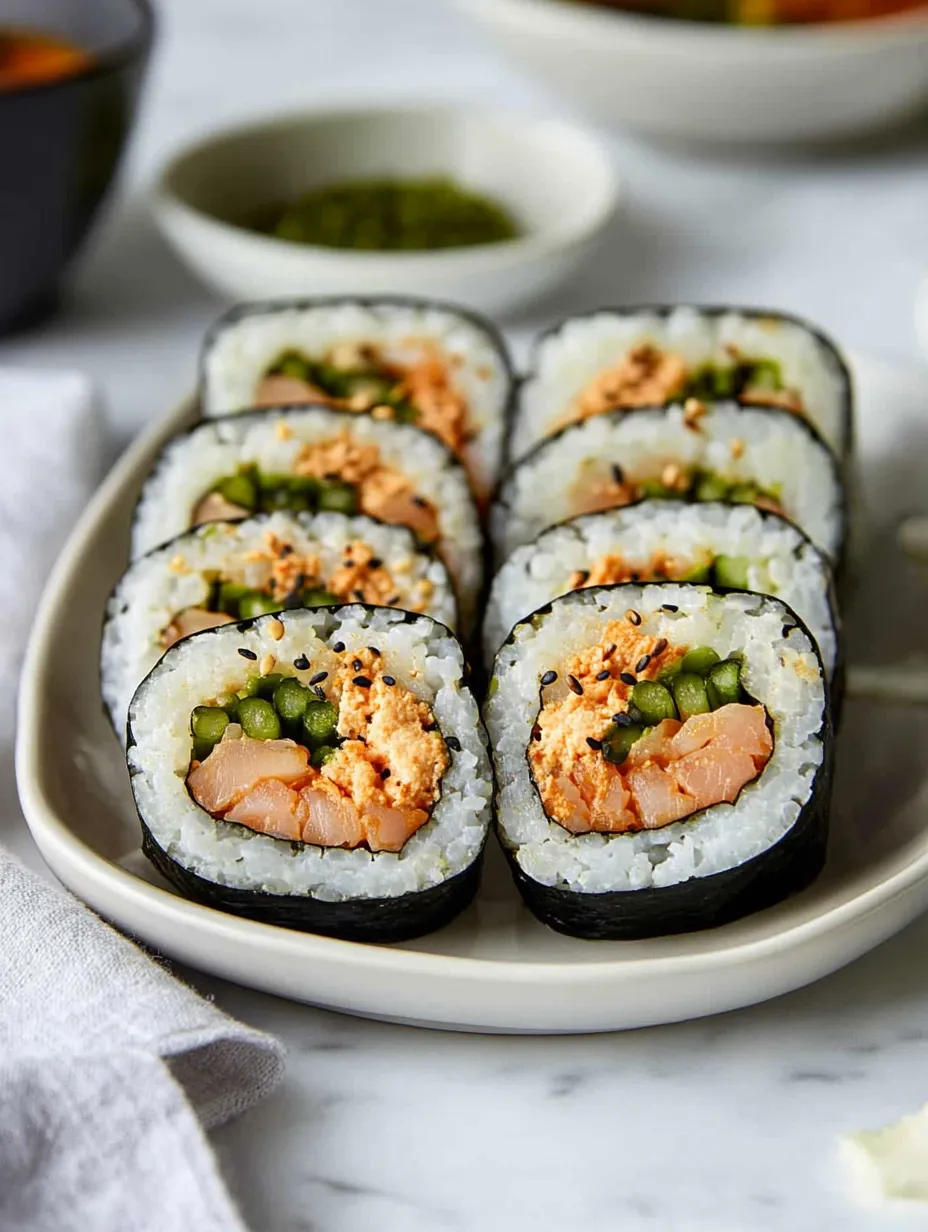 Talerz sushi z groszkiem i łososiem.