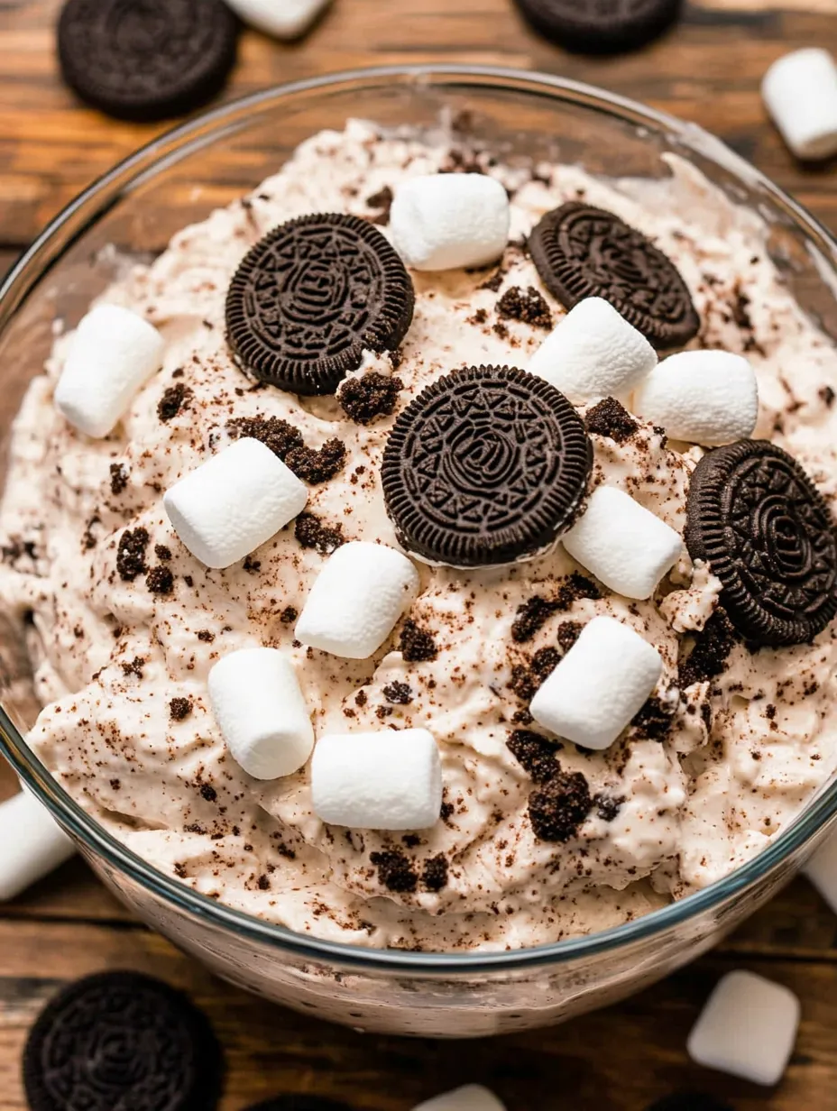 Miska z deserem, piankami i ciasteczkami Oreo.