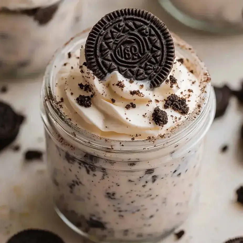 Pucharek lodów z ciasteczkiem Oreo na wierzchu.