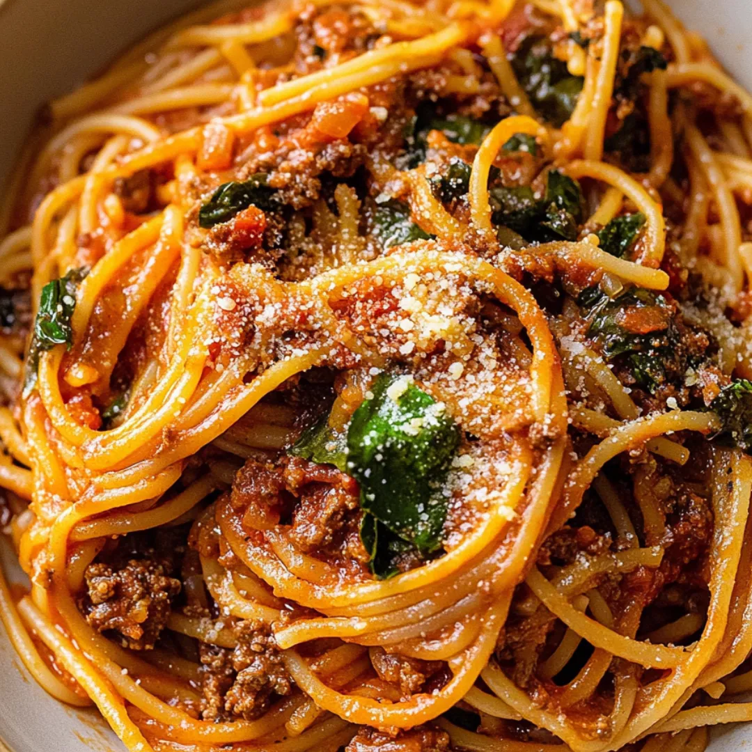 Miska spaghetti z sosem mięsnym i świeżymi ziołami.