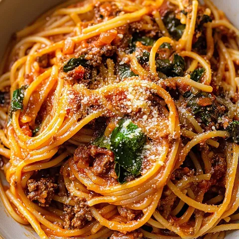 Miska spaghetti z sosem mięsnym i świeżymi ziołami.
