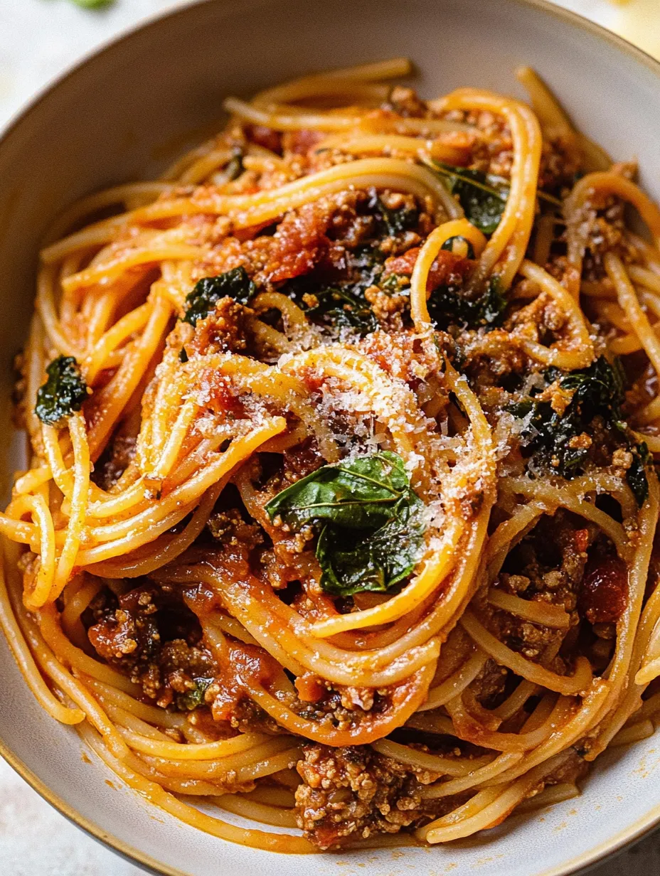 Miska spaghetti z sosem mięsnym i serem.