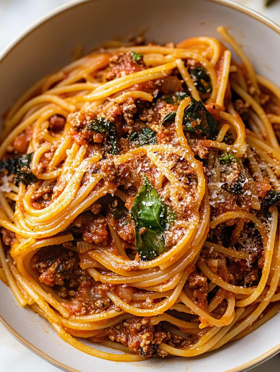 Miska spaghetti z sosem mięsnym.