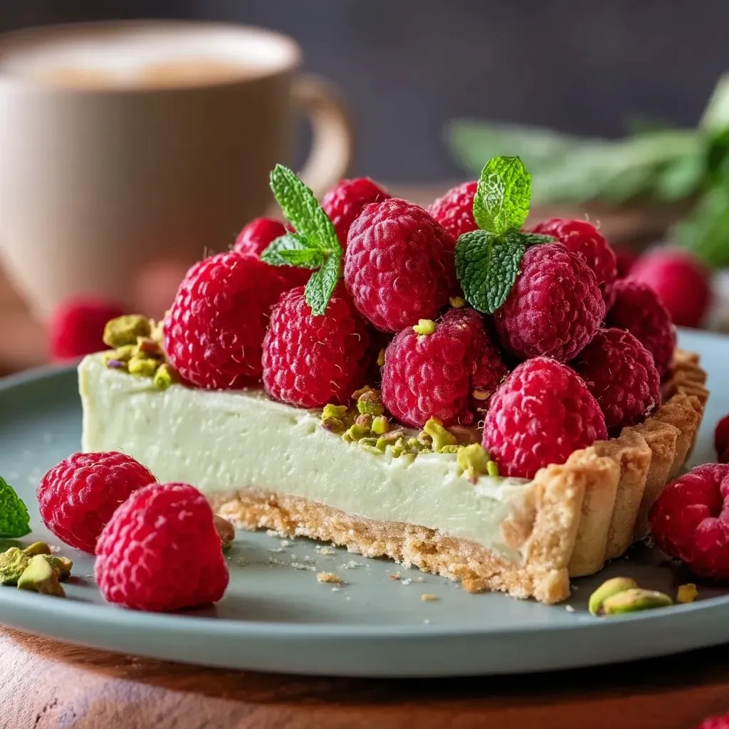 Chrupiący mazurek z malinami i pistacjami.