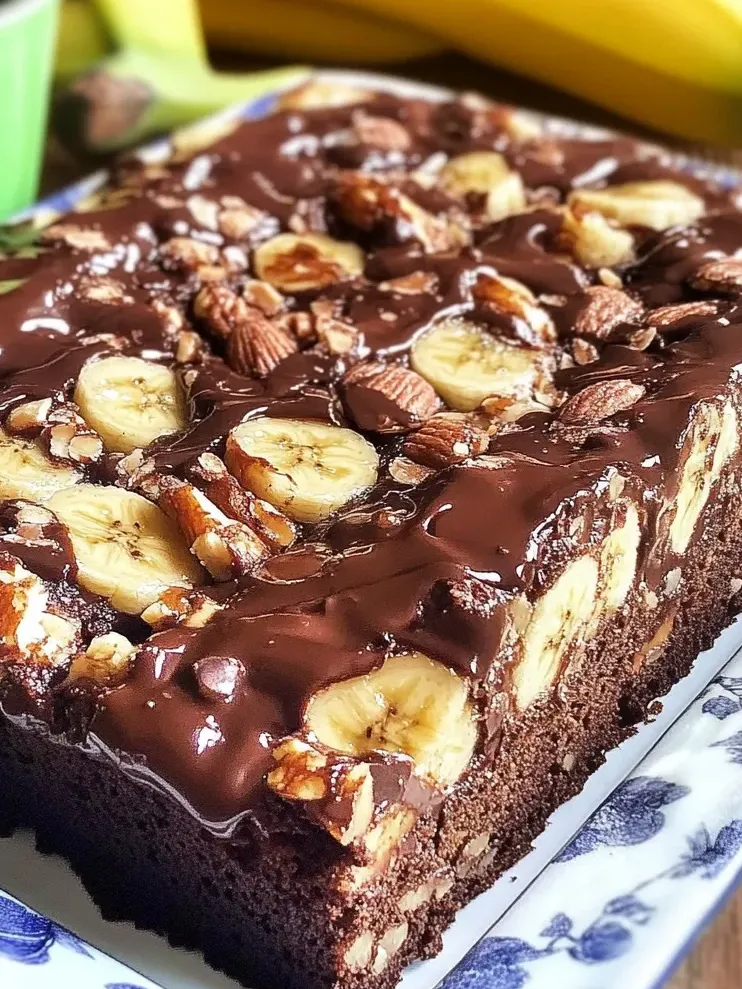 Placek z bananami i orzechami oblany czekoladą.