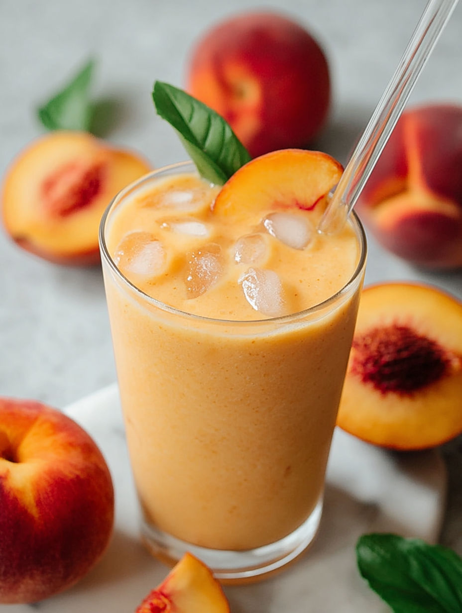 Szklanka brzoskwiniowego smoothie z lodem i miętą