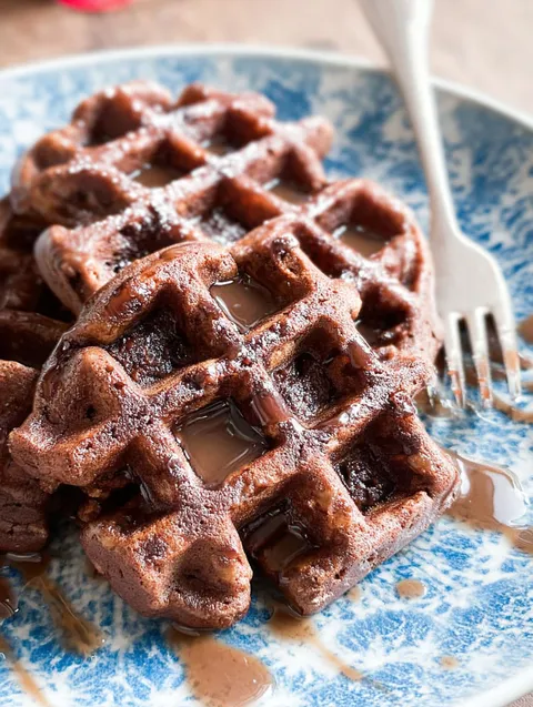 Talerz z brownies polanych syropem.