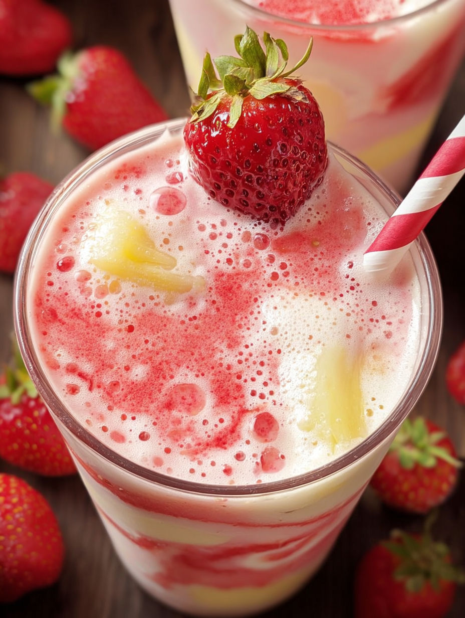 Szklanka koktajlu truskawkowa colada z truskawką na wierzchu.