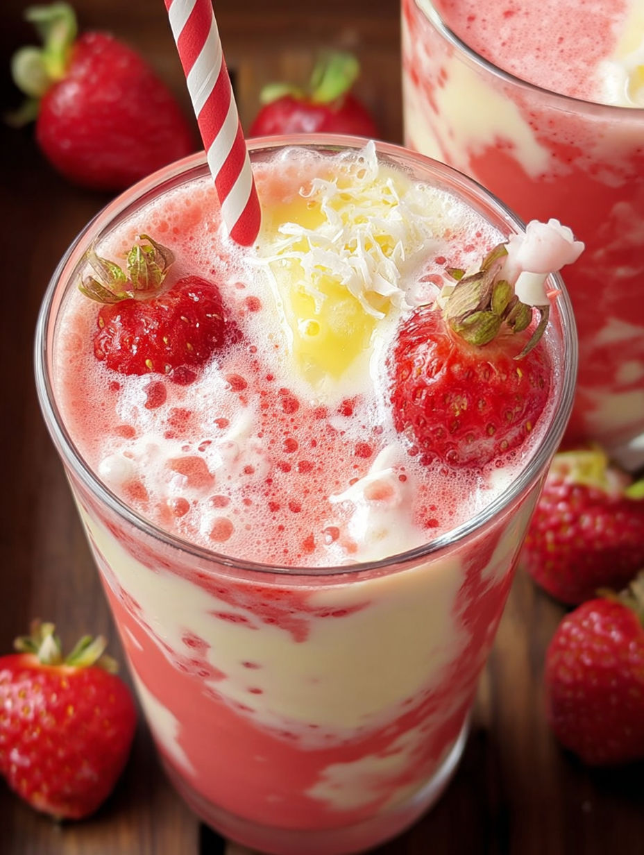 Szklanka smoothie kokosowo-truskawkowego z jedną truskawką na wierzchu.