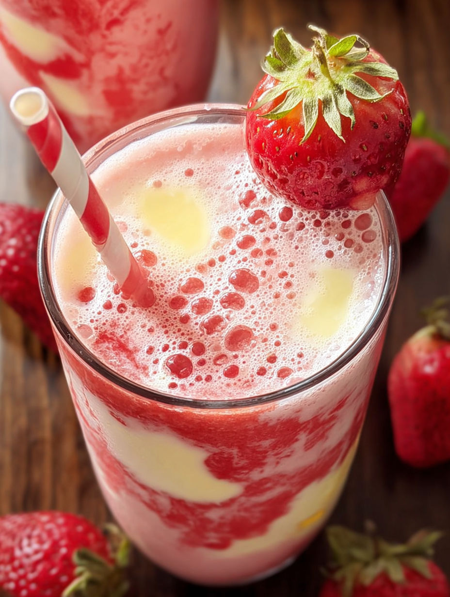 Szklanka kremowego smoothie kokosowo-truskawkowego z truskawką na górze.