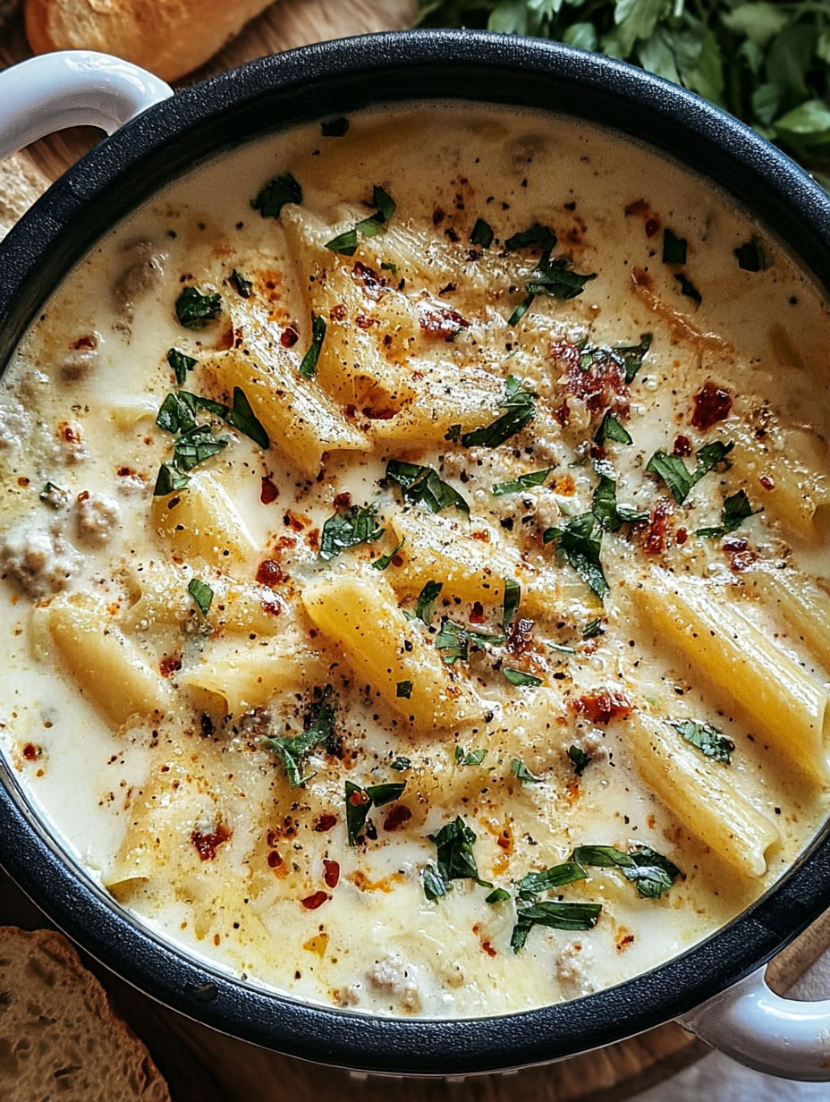 Miseczka z białą zupą lasagne z makaronem i serem.