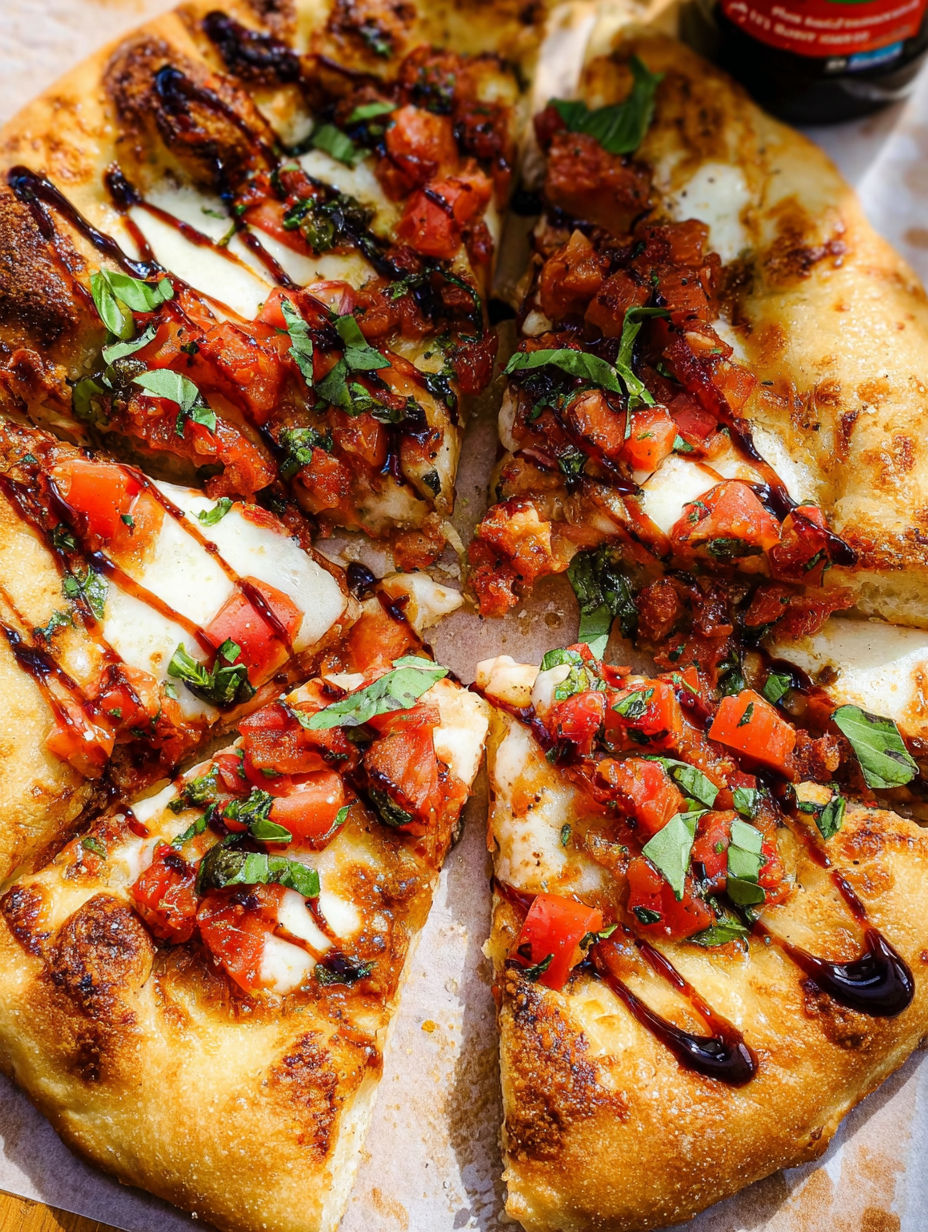 Kawałek pizzy bruschetta z pomidorami i bazylią.