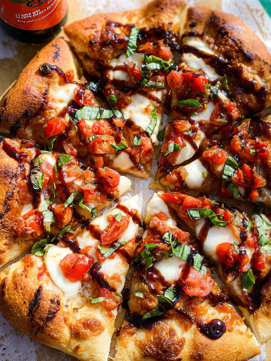 Kawałek pizzy bruschetta z pomidorami i bazylią.