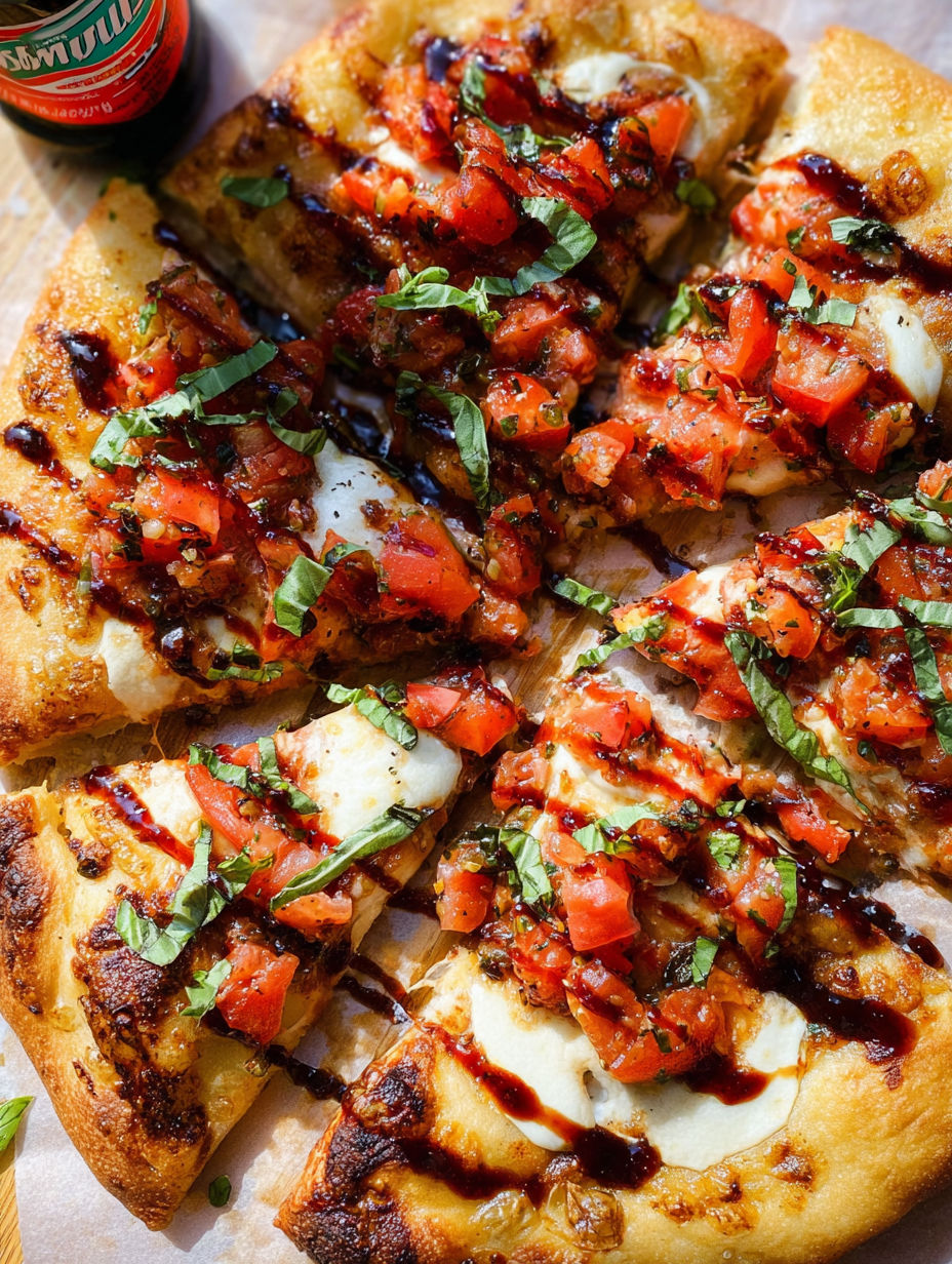 Kawałek pizzy bruschetta z pomidorami i bazylią.