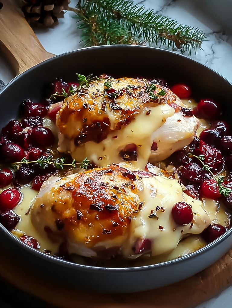 Kurczak z żurawiną i serem brie na patelni.