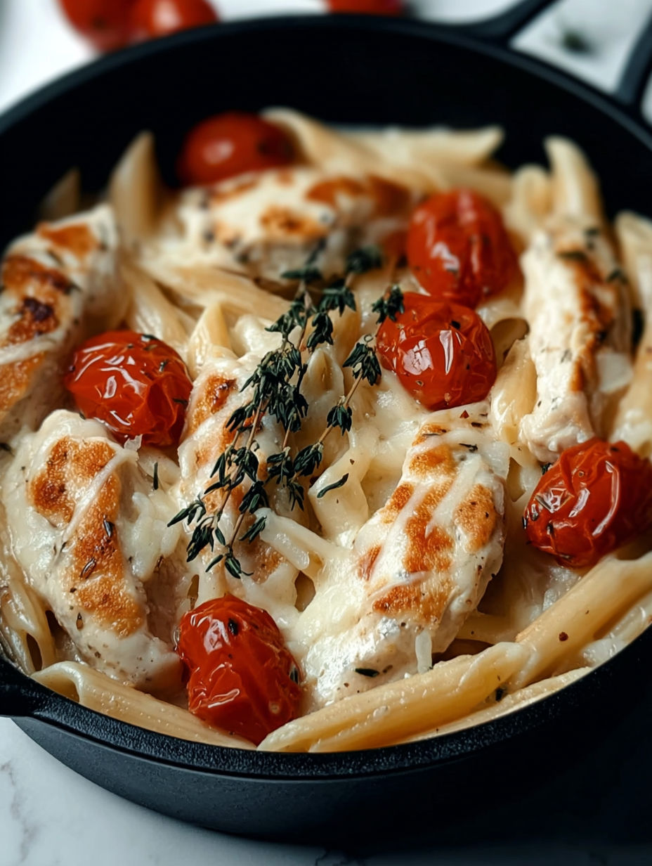 Danie z kurczakiem, mozzarellą i makaronem.