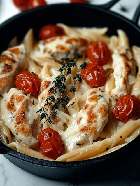 Danie z kurczakiem, mozzarellą i makaronem.