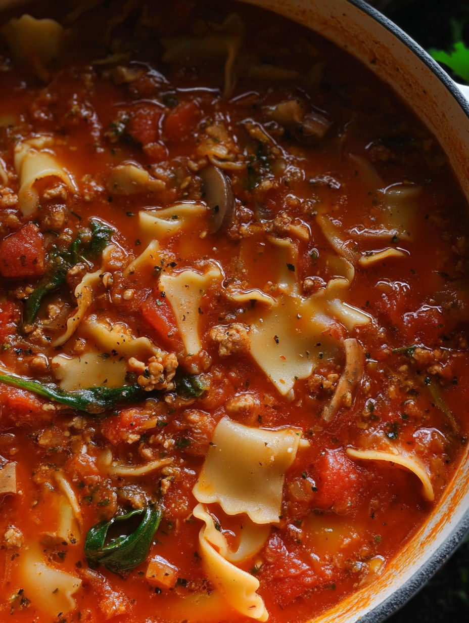 Zbliżenie garnka z zupą lasagne.