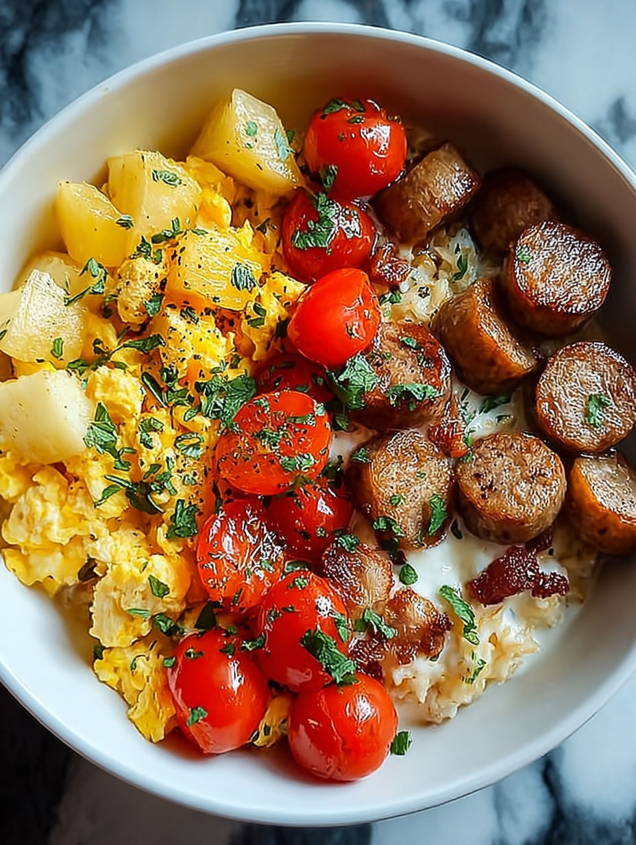 Miseczka z jedzeniem: pomidory, kiełbasa, ziemniaki i jajka.