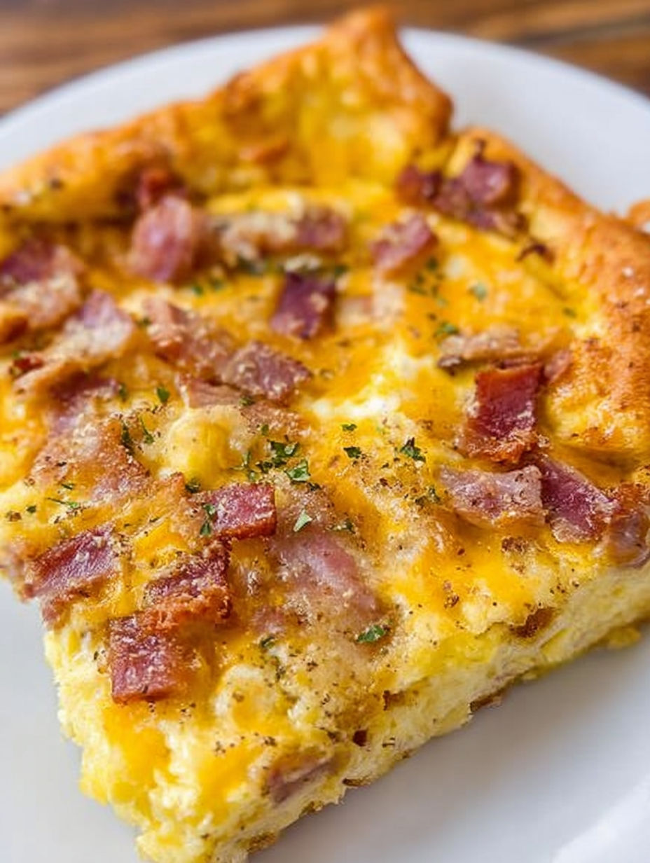 Kawałek zapiekanki śniadaniowej z boczkiem i serem.