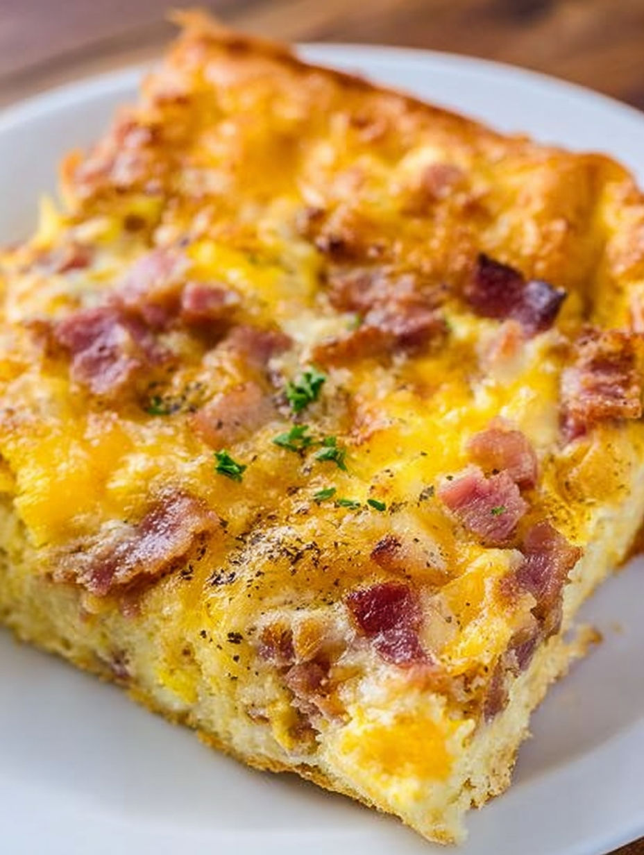 Kawałek zapiekanki z boczkiem i serem.