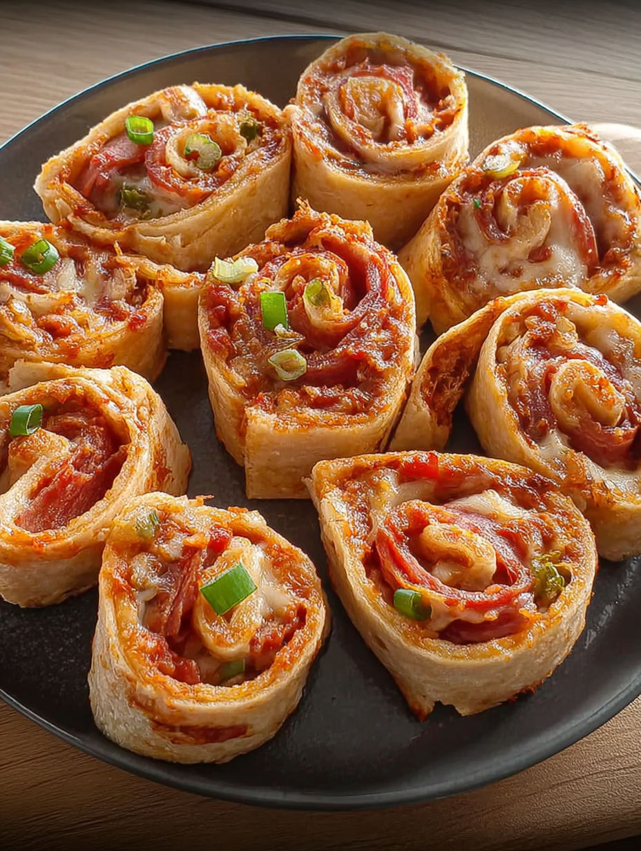 Talerz roladek z tortilli z farszem do pizzy.