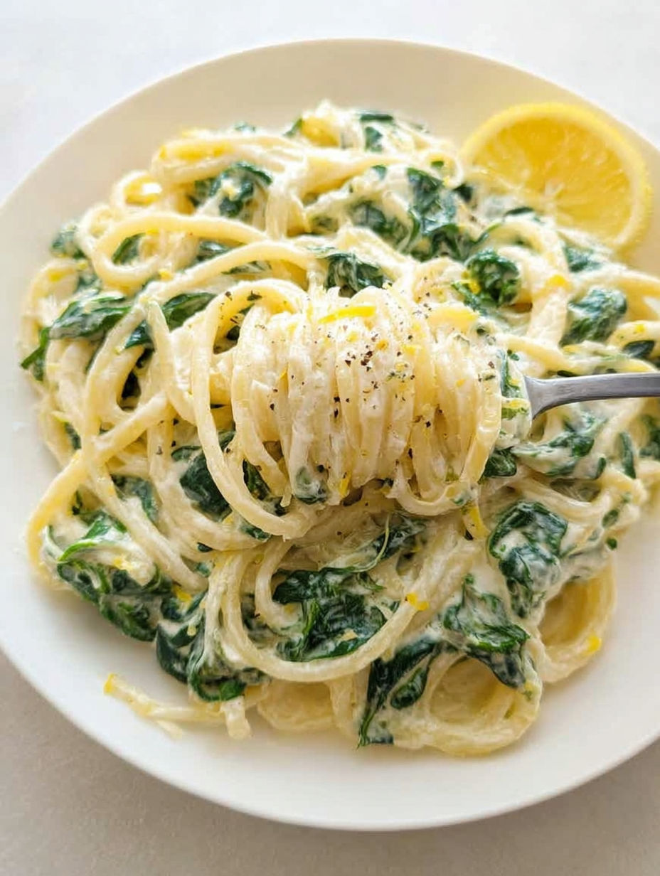 Talerz makaronu z szpinakiem i cytryną.