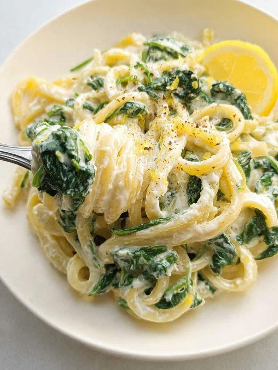 Talerz z makaronem, szpinakiem i cytryną.