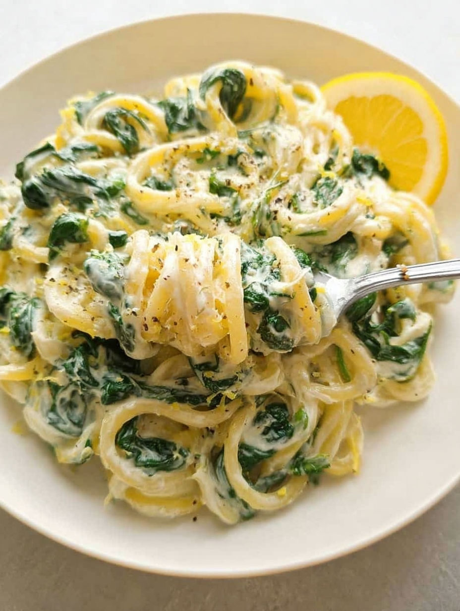 Talerz z makaronem, szpinakiem i cytryną.