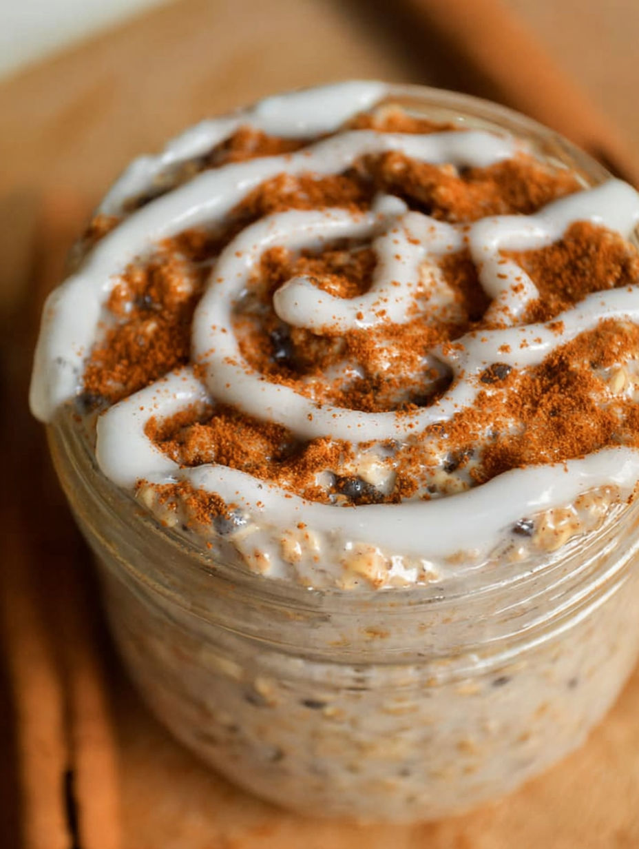 Słoik owsianki o smaku cynamonowej rolady.