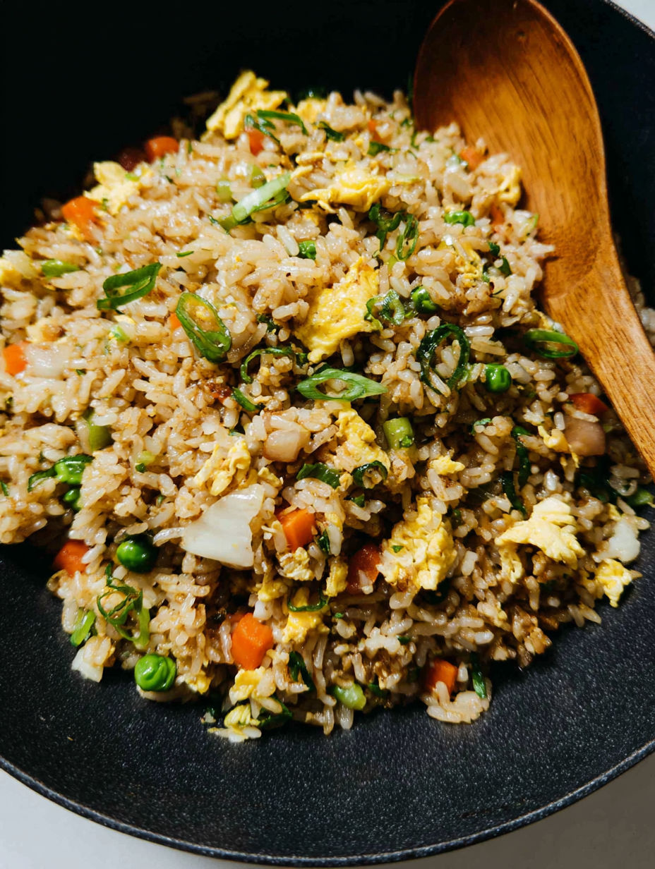 Miska ryżu z warzywami i jajkami.