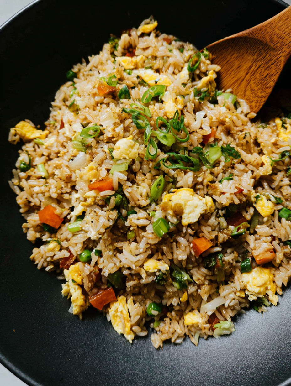 Miska ryżu z jajkami i warzywami.