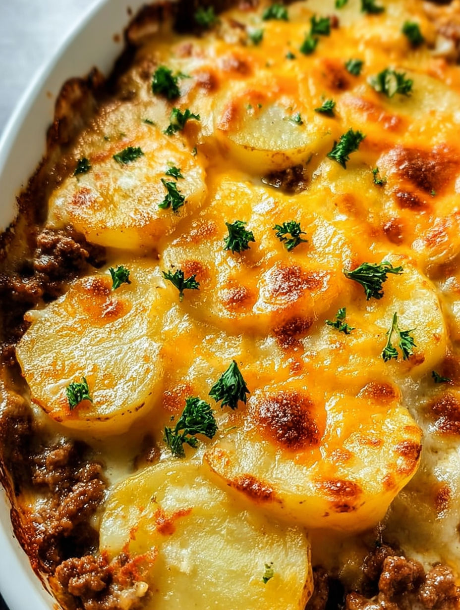 Pyszna zapiekanka z mielonym mięsem i ziemniakami.