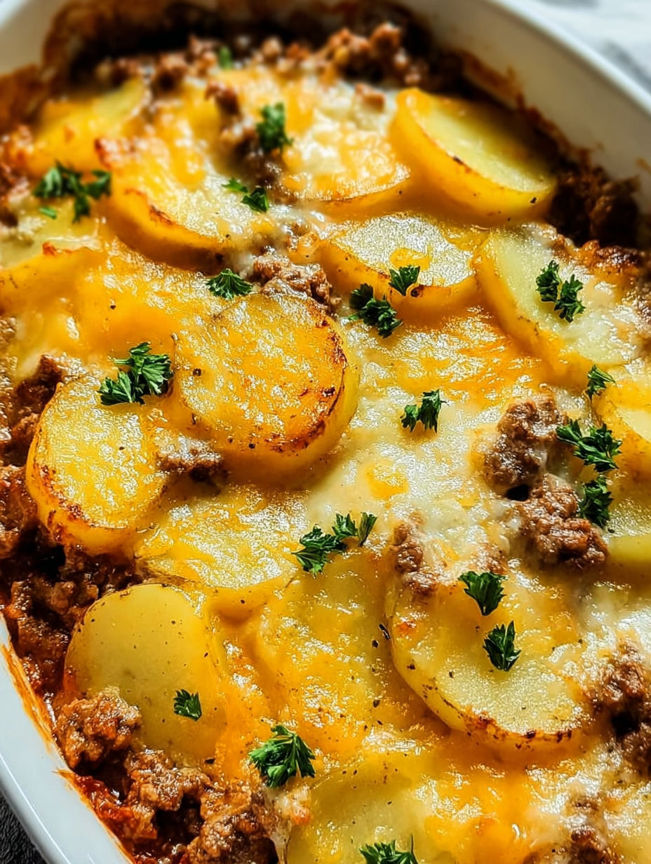 Zbliżenie na pyszną zapiekankę hobo z mielonym mięsem i ziemniakami.