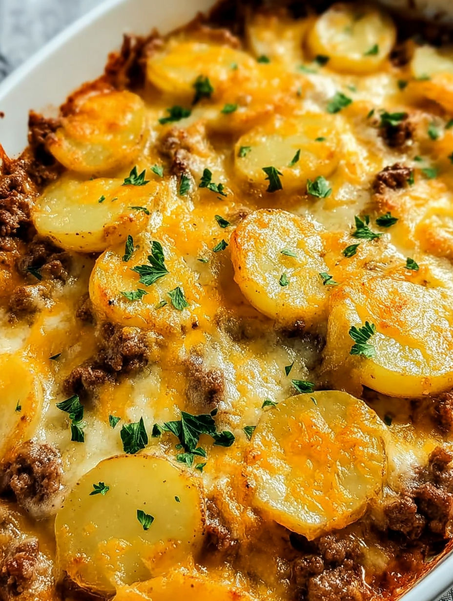 Zbliżenie na zapiekankę hobo z mielonym mięsem i ziemniakami.