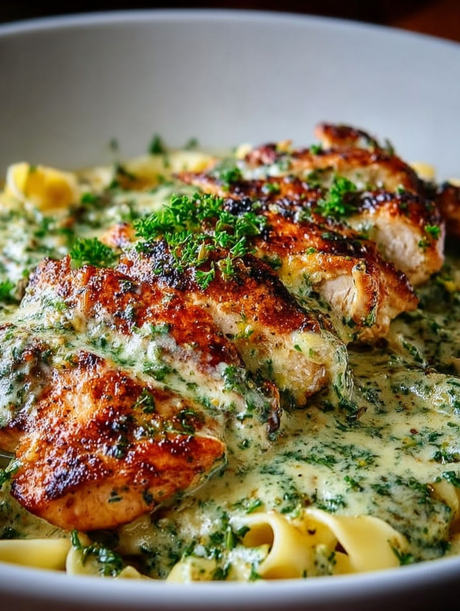 Danie z kurczakiem w kremowym sosie pesto z makaronem.